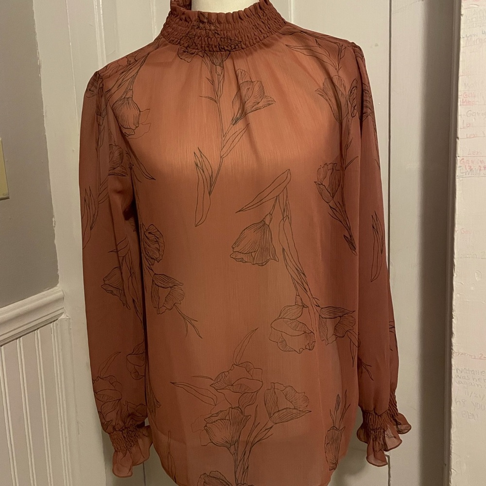 NWT stunning sheer rust color women’s blouse! Ruffle neck and sleeves